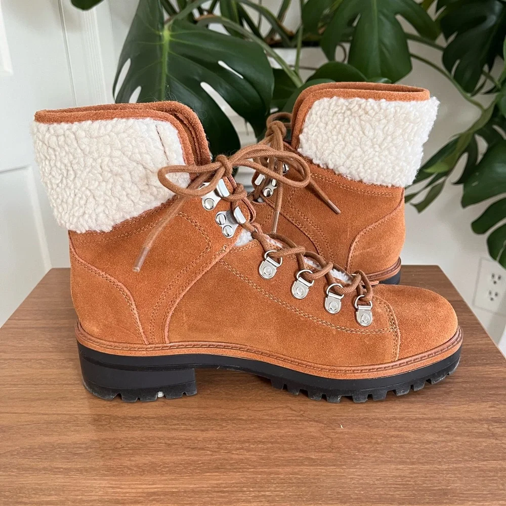 Marc Fisher Suede Hiker Boots Sherpa Lined Lace Up Lug Sole Ankle Boots Size 8.5
